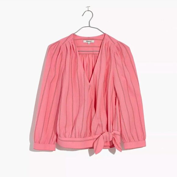 Madewell Cotton Pink Wrap Top in Cecilia Stripe Sz S - Picture 2 of 8